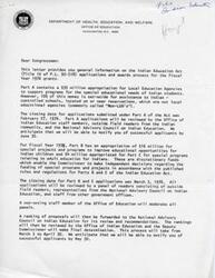 ["The document provides information on the Indian Education Act and the grants available for the Fiscal Year 1976. Part A provides funding for Indian students in Local Education Agencies, with a set-aside for Indian-controlled schools. Parts B and C provide funding for special projects and adult education programs for Indians. Applications for all parts were due in early 1976, and a review process involving staff, field readers, and the National Advisory Council on Indian Education will determine successful applicants. Any questions should be addressed to the Office of Indian Education in Washington, D.C."]