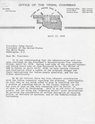 ["The Office of the Tribal Chairman, Joe Pedro, of the Cheyenne-Arapaho Tribes of Oklahoma is expressing concerns and reservations about the President's Reorganization Plan. They feel there has not been adequate consultation with Indian tribes regarding the proposed changes and are requesting a suspension of action until consultation is complete and a specific policy outline is developed. The document is addressed to President Jimmy Carter and copies are sent to various government officials."]