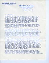 ["The document is a letter from James Abourezk, Chairman of the Senate Select Committee on Indian Affairs, urging colleagues to oppose an amendment that would prevent the transfer of Indian education programs from the Bureau of Indian Affairs to the Department of Education. Abourezk argues that the BIA has failed to provide quality education for Indian children and believes that transferring the programs will improve delivery of educational services while maintaining the special relationship between the government and Indian tribes. He encourages support for S.991, the Department of Education Bill, as reported by the Senate Governmental Affairs Committee."]