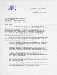 ["The document consists of letters from various senators regarding the proposed establishment of a Department of Education. The Vice President and President Carter support the bill, believing it will improve education programs. Senator Humphrey proposes renaming the Department of Health and Welfare to Department of Health and Human Services. Senator Schmitt expresses concerns about creating a new department, preferring an independent agency for education programs to maintain efficiency and preserve local and state control over education."]