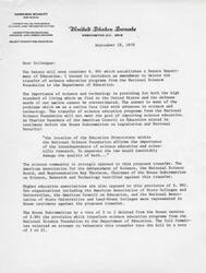 ["Senator Harrison Schmitt is writing to his colleagues in the Senate to express his opposition to the transfer of science education programs from the National Science Foundation to the Department of Education as part of a proposed bill (S. 991). He argues that the transfer would be detrimental to both science education and scientific research. He highlights the opposition from the science community and higher education associations, and urges his colleagues to support his amendment to delete this provision from the bill."]