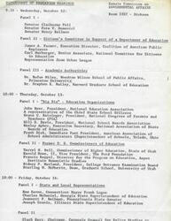 ["The document outlines a series of hearings by the Senate Committee on Governmental Affairs regarding the Department of Education. The hearings feature various panels including Senators, citizen's committees, academic authorities, education organizations, former United States Commissioners of Education, state and local representatives, and higher education representatives. The panels discuss the importance and potential structure of a Department of Education."]