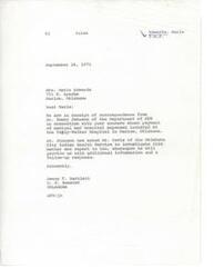 ["Marie Edwards received a letter from U.S. Senator Dewey F. Bartlett regarding her concerns about medical expenses at Taily-Walker Hospital in Marlow, Oklahoma. Dr. Emery Johnson of the Department of HEW has asked the Indian Health Service to investigate the matter and provide additional information. Senator Bartlett will provide a follow-up response once the investigation is complete."]