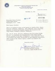 ["The document is a response to an inquiry from Senator Dewey Bartlett on behalf of Mrs. Marie Edwards regarding her medical and hospital expenses at Tally-Walker Hospital in Marlow, Oklahoma. The Director of the Oklahoma City Area Indian Health Service has been asked to investigate the matter and provide additional information for a follow-up response."]
