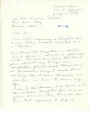 ["Mrs. Marie Edwards is writing to The Itan Dewey Bartlett regarding an unpaid hospital bill she owes to Talley Walker Hospital in Marlow. She explains that she entered the hospital in acute heart failure and was unable to reach the Indian Hospital in Lawton in time. Mrs. Edwards is on complete disability and ineligible for Medicare or Medicaid. She is appealing for help in getting the bill paid due to her financial situation and health condition."]