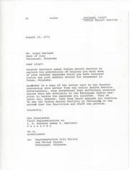 ["The letter is informing Lloyd Harless that the Indian Health Service is unable to help with his medical expenses incurred in Tulsa, Oklahoma. They suggest he continue to use the Indian Health facility in Tahlequah for treatment. The letter is from Don Bluejacket, a field representative to U.S. Senator Dewey F. Bartlett."]
