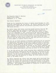 ["The document is a response to a letter of inquiry regarding Indian Health Service policies and practices governing eligibility for health services. It explains that the IHS does not use blood quantum to determine eligibility, and eligibility is based on Indian descent. The document also addresses concerns about the requirement of birth certificates for eligibility and discusses the impact of a resolution by the Inter-Tribal Council of the Five Civilized Tribes to lower blood quantum requirements. The IHS is studying the programmatic impact of this resolution and seeking guidance on the authority of the Council to change blood quantum requirements."]