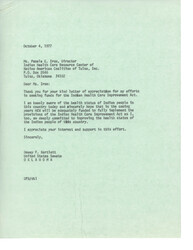 ["Ms. Pamela E. Iron, Director of the Indian Health Care Resource Center in Tulsa, expressed appreciation to Senator Dewey F. Bartlett for his efforts in seeking funding for the Indian Health Care Improvement Act. The center is working towards improving the health status of American Indians, especially in urban areas where accessibility to healthcare facilities is limited. They are establishing an urban medical clinic and have submitted a budget to the Indian Health Service for funding. The budget includes costs for labor, materials, supplies, equipment, travel, consultants, and operational expenses, totaling $274,040.00. Senator Bartlett expressed commitment to improving the health status of Indian people and thanked Ms. Iron for her support."]