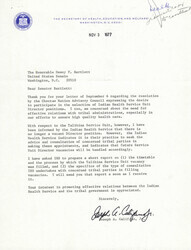 ["The Secretary of Health, Education, and Welfare responds to a letter regarding the Choctaw Nation Advisory Council's desire to participate in selecting Indian Health Service Unit Directors. The Secretary states that there is currently no vacancy at the Talihina Service Unit, but future vacancies will involve consultation with tribal parties. The Secretary has requested a report on the appointment process and consultation with tribal parties, which will be shared with the Senator. The Secretary appreciates the Senator's interest in promoting effective relations between the Indian Health Service and tribal governments."]