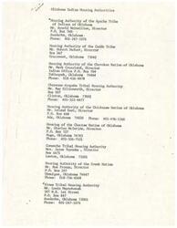["The document provides a list of different Housing Authorities of various Indian tribes in Oklahoma, along with their respective directors and contact information. Some of the tribes are currently active in housing initiatives, while others are not currently involved in any housing projects."]