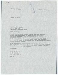 ["The document is from Bentley Beams expressing concern about the freeze on the Indian housing program in rural Oklahoma. Senator Dewey F. Bartlett responds, stating that HUD has placed a moratorium on low income housing and it would be difficult to provide assistance until new programs are determined. Beams also writes to Senator Henry Bellmon, expressing worry about the freeze on the housing program and the impact it will have on the 2500 applications they have. He hopes for support from the senators to address the housing needs of the Indian people in Oklahoma."]