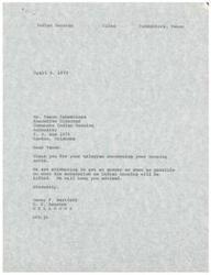 ["Senator Dewey Bartlett received a telegram from Vance Tahmahkera, the Executive Director of Comanche Indian Housing Authority, regarding the moratorium on Indian housing units. Bartlett thanked Tahmahkera for the information and assured him that they are working to get an answer on when the moratorium will be lifted. Tahmahkera had requested that the commitment of 30 thousand Indian housing units be honored and excluded from the January moratorium. Bartlett promised to keep Tahmahkera advised on the situation."]