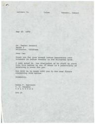 ["The document from Samuel Nowabbi to Senator Dewey Bartlett requests assistance in obtaining a house for him in the Wilburton area. Nowabbi explains that he has been living in a substandard and unsafe house for many years and hopes that the government can help provide better housing for him and other poor Indians in the area. Senator Bartlett responds, thanking Nowabbi for his letter and informing him that a staff member will look into the possibility of obtaining a house for him."]