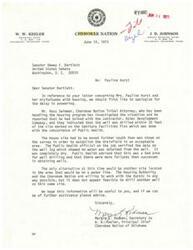["The document is a response to Senator Bartlett regarding Mrs. Pauline Hurst's housing issues. The Cherokee Nation investigated and found that the well drilled near her home was dry and not suitable for water. They suggest finding another site on a water line instead of drilling another well. The Housing Authority and Cherokee Nation are willing to help the Hursts in any way possible."]