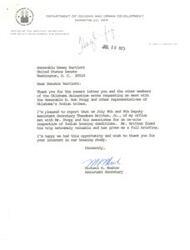 ["The Department of Housing and Urban Development met with representatives of Oklahoma's Indian tribes to discuss housing conditions, as requested by Senator Bartlett. Deputy Assistant Secretary Theodore Britton, Jr. conducted an on-site inspection and found it valuable. The Assistant Secretary, Michael H. Moskow, thanked Senator Bartlett for his interest in the housing study."]