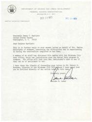 ["The United States Department of Housing and Urban Development is responding to Senator Dewey F. Bartlett's inquiry about a woman named Mrs. Maxine Hoklotubbe who is having difficulties completing construction on her home. The Oklahoma City Area Office will look into her case and provide assistance. The document has also been forwarded to the Director of the Oklahoma City Office for further action."]