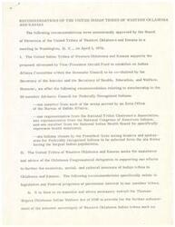 ["The United Indian Tribes of Western Oklahoma and Kansas approved recommendations in 1974 to establish an Indian Affairs Committee within the Domestic Council, support legislation for the economic, social, and cultural interests of Indian tribes, and seek assistance in various areas such as taxation, housing, employment training, and funding relationships with federal agencies. They also called for increased funding for tribal programs and resistance to any efforts to remove Indian Affairs from relevant committees."]