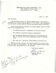 ["The document  is a series of communications regarding an upcoming conference on Indian housing, including a letter inviting participation, a telegram questioning the planning of the conference, and a thank you letter for support of an amendment to the Omnibus Housing Bill."]