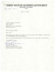 ["The document from the Creek Nation Housing Authority to the Department of Housing & Urban Development addresses the lack of adequate housing for American Indians in Oklahoma. They discuss the unique challenges faced by Indian tribes in obtaining housing, including issues with property ownership and financing. The document also highlights the difficulties in implementing Mutual Help Housing programs due to lack of guidelines and funding. The Authority requests changes to the current system to better address the housing needs of American Indians."]