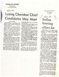 ["The article discusses the election for Cherokee chief in Tulsa, Oklahoma in 1975, where Ross Swimmer was declared the winner. There were allegations of election irregularities, including issues with absentee ballots. The Indian housing program in Oklahoma was also discussed, with concerns raised about its progress and coordination between agencies involved. Senator Dewey Bartlett conducted hearings on the matter and highlighted the need for improvements in the program."]