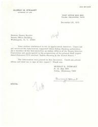 ["Murray B. Stewart is requesting Senator Dewey Bartlet to send him a copy of the printed Staff report entitled \"Indian Housing in the United States\" that was prepared in February 1975. Murray B. Stewart had not yet received the information requested about Indian Housing authorities."]