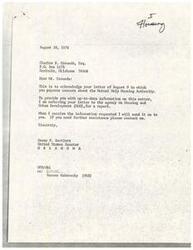 ["Charles E. Grounds, an attorney, wrote to Senator Dewey Bartlett expressing concerns about the Mutual Help Housing Authority and how they handle rent increases for Indian occupants. He is seeking advice on how Indian occupants can protect their interests in these situations. Senator Bartlett acknowledged the letter and referred it to the Housing and Urban Development agency for a report. He promised to provide Mr. Grounds with the information once he receives it."]