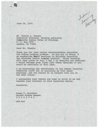 ["Senator Dewey Bartlett received a letter from Mr. Jerre L. Toyebo, the Executive Director of the Housing Authority of the Comanche Indian Tribe of Oklahoma, regarding the Indian housing problem. Bartlett is conducting hearings in Oklahoma on July 2 and 3 and welcomes input from Toyebo. Toyebo requests an urgent task force to study the Indian housing program and community development, as per a resolution passed by the National Indian Housing Council."]