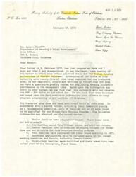 ["The Housing Authority of the Comanche Indian Tribe of Oklahoma is disappointed with the allocation of housing units from the Department of Housing & Urban Development. They feel that the allocation is not realistic and unfair. They have also faced challenges with qualifying families for their housing program. The Authority believes they have been penalized for their management performance and feel that the HUD Area Office does not differentiate between Indian Housing Authorities. The Commissioner's term will expire in February 1975."]