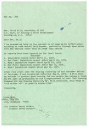 ["John Hair, a former inspector for the Housing Authority of the Cherokee Nation of Oklahoma, writes to Mrs. Carla Hill of HUD requesting help in correcting major deficiencies in Mutual Help Houses. He feels his efforts to produce good housing for the Cherokee Nation have led to his termination. The document includes exhibits of inspection reports detailing the deficiencies found in the houses."]