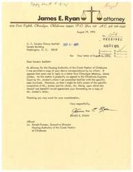["Attorney James E. Ryan, representing the Housing Authority of the Creek Nation of Oklahoma, requests United States Senator Dewey Bartlett to forward a copy of a letter from attorney James Jordan regarding a specific case involving construction deficiencies in Indian Housing. The Department of Housing and Urban Development assures that quality control methods are being improved and acknowledges the need for continuous effort in maintaining construction standards. Senator Bartlett's letter to the Secretary of HUD highlights complaints about construction deficiencies in low-income Indian housing and requests assistance in upgrading quality control methods."]