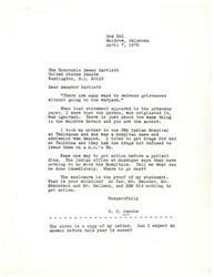 ["The document is from C.C. Jacobs to Senator Dewey Bartlett, expressing frustration with the lack of action taken regarding the denial of admission and medication for his mother at Indian hospitals. Jacobs is seeking a solution and asks for immediate action. Senator Bartlett's representative, Don Bluejacket, responds, acknowledging the issue and offering to meet with Jacobs to discuss the situation further."]