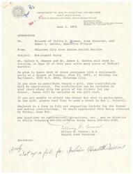 ["The Oklahoma City Area Indian Health Service is planning a retirement party for Mr. Calvin G. Beames and Mr. James L. Gordon, who are both retiring after many years of Federal service. The party will be held on June 12, 1973 at the Holiday Inn Northwest in Oklahoma City. Contributions towards a gift for the retirees are appreciated, and tickets for the dinner can be purchased for $4.75. Reservations should be made by June 8, 1973. For more information, contact Stella Delaware or Kathy Deere."]