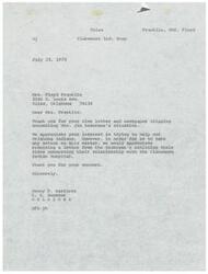 ["The document includes correspondence between Mrs. Floyd Franklin and United States Senator Dewey F. Bartlett regarding the situation of Mrs. Jim Anderson at Claremore Indian Hospital. Bartlett requests a letter from the Andersons outlining their views on the matter before any action can be taken. Another letter from Frank Red Bone, Chairman of Apache Tribal Business Committee, concerns legislation regarding the restoration of lands to Kiowa, Comanche, and Apache Tribes. Bartlett acknowledges the letter and mentions working with the Bureau of Indian Affairs to determine the possibility of fulfilling the Tribes' wishes."]