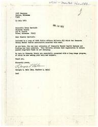 ["The document is from Georgia L. Hale of the Comanche County Mental Health Association to Senator Dewey Bartlett, discussing the extension of funding for Community Mental Health Centers and requesting support for a long-term program. The document also includes information about a bill introduced by Sen. Richard Schweiker to renew the CMHC Act and the need for co-sponsors. It outlines the main provisions of the bill and NAMH's views on the legislation, as well as a recent victory in a lawsuit regarding impounded CMHC funds."]