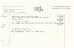 ["Lescher Funeral Home in Muskogee, Oklahoma provided services for the deceased Anita Chavez on 6/26/73. The total cost for embalming, casket, shipping case, hearse service to Tulsa International airport, taxes, ambulance service, and air fare on TWA Airline was $429.13. The departure and arrival times for the flight were also listed."]