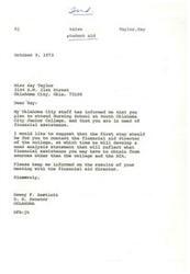 ["The document is from United States Senator Dewey F. Bartlett to a student named Kay Taylor, who is planning to attend Nursing School at South Oklahoma City Junior College and is in need of financial assistance. Senator Bartlett suggests that Kay contact the college's financial aid director to develop a need analysis statement and explore other sources of financial assistance. He requests to be informed of the results of the meeting with the financial aid director."]