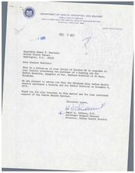 ["The document is a series of letters and communications regarding the purchase of a hearing aid for Debbie Koebrick, daughter of Mrs. Barbara Koebrick of El Reno, Oklahoma, by the Indian Health Service. Senator Dewey F. Bartlett inquired about the purchase, and it was confirmed that the Indian Health Service purchased the hearing aid on November 9, 1973. The documents express gratitude for the assistance provided by the Indian Health Service."]