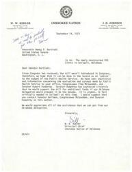 ["The document is a letter written by W. W. Keeler, the Principal Chief of the Cherokee Nation of Oklahoma, to Senator Dewey F. Bartlett regarding the need for additional funds for the newly constructed PHS Clinic in Stilwell, Oklahoma. Keeler mentions that Senator Hubert Humphrey has expressed support for the bill and urges Senator Bartlett to contact other members of the Oklahoma delegation for assistance. Keeler also mentions that construction and equipment for the clinic have already been purchased and requests for the bill to be amended in the Senate to include funding for the Stilwell Clinic."]