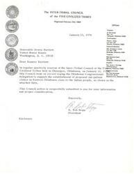 ["The Inter-Tribal Council of the Five Civilized Tribes, organized in 1950, urges the Oklahoma Congressional delegation to support the establishment of proposed out-patient clinics in Eastern Oklahoma for the benefit of the Indian people. The document is signed by President B. Bob Stopp."]