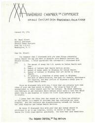 ["The Chamber of Commerce in Anadarko, Oklahoma wrote to Ms. Hazel Elbert, Special Assistant to Senator Dewey Bartlett, requesting information on the amount of money spent on Indian Health, the number of Indians served, the breakdown of spending in Oklahoma, and suggestions for improving Indian health care. They expressed concern about the lack of adequate health care for Indians and requested assistance and cooperation in addressing the issue. When they did not receive a response, they sent a follow-up letter on March 19, 1974."]