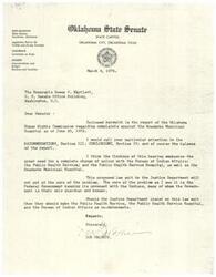 ["State Senator Don Baldwin of Oklahoma is writing to the Honorable Dewey F. Bartlett regarding complaints against the Anadarko Municipal Hospital. He highlights the need for a change in policy with various government agencies and emphasizes the importance of the federal government keeping its promises to Native Americans. Baldwin suggests that if a lawsuit is pursued, multiple agencies should be held accountable."]