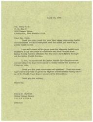 ["In the letter, Senator Dewey F. Bartlett thanks Ms. Mary Cook for her letter regarding the need for health care facilities in the Crownpoint area. He acknowledges the need for adequate health care facilities in his own state of Oklahoma and expresses support for the Indian Health Care Improvement Act. Senator Bartlett assures Ms. Cook that her comments and opinions will be given consideration during the markup of the Health Care Improvement Act in Committee."]