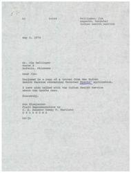 ["The document contains correspondence between various individuals regarding Herschel Sparks' application for a Social Worker position at the Indian Health Service. The documents discuss Sparks' qualifications, the positions available at different clinics, and the assistance requested in securing the appointment. Senator Dewey F. Bartlett and other officials are involved in the process of considering Sparks for the position."]