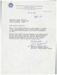 ["The document includes correspondence regarding hospital expenses incurred by Mrs. Dennis Sharp at Tally-Walker Hospital and Clinic in December 1973, which were approved for payment by the Indian Health Service. There is also discussion about efforts to establish an Indian Health Service clinic in Nowata, Oklahoma, with letters from various government officials and tribal committees. The Delaware Tribal Business Committee passed a resolution authorizing further negotiations for the establishment of an Indian Health Center in Nowata."]