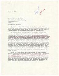 ["The document addresses Senate Bill 2938 introduced by Senator Dewey F. Bartlett and provides recommendations and comments from the Oklahoma City Indian Health Board and the Oklahoma City Urban Indian Health Project. They support the scholarship program and recommend contracting it to Tribal groups for efficiency. They suggest that new hospitals be located in urban centers with all health care resources available to reduce costs. They also urge for more funding for health care delivery in urban areas, as existing resources are not sufficient for low-income individuals. The document highlights the challenges faced by urban Indians and provides data on the Native American Center in Oklahoma City to illustrate the need for improved health care services for the urban Native American population."]