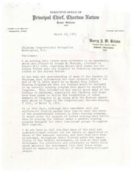 ["The Principal Chief of the Choctaw Nation is writing to the Oklahoma Congressional Delegation regarding an amendment to Senate Bill 3066 concerning Mutual Help Homes for federally recognized Indian tribes. The Chief expresses concern that the elimination of the Mutual Help Indian Housing Program would negatively impact disadvantaged Indian families and urges the delegation to continue supporting housing programs for Native Americans. He emphasizes the importance of upholding the government's commitment to assisting the underprivileged and asks for their support in ensuring adequate housing for all eligible Indian families."]