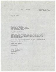 ["Senator Dewey Bartlett thanks Mr. O. J. Collins for his help with Rocky Bass and his family. Mr. Collins expresses willingness to assist Patti Bass in finding employment for the summer. Both parties express gratitude for each other's cooperation."]