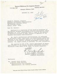 ["A resolution was passed by the Board of Directors of the Eastern Oklahoma Development District Association appointing Larry D. Sand as the Executive Director, subject to approval by the Economic Development Administration. Mr. Sand's qualifications and experience were cited as reasons for his promotion. The document was sent to Joseph B. Swanner, Director of the Economic Development Administration, requesting approval of Mr. Sand's appointment."]
