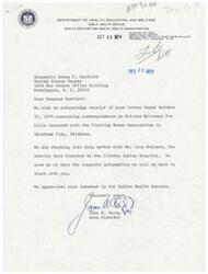 ["The document is a letter from the Department of Health, Education, and Welfare, Public Health Service, Health Services and Mental Health Administration in Oklahoma City to Senator Dewey F. Bartlett regarding a request for information about bills incurred by Dolores Whiteman with the Visiting Nurse Association. The department is looking into the matter and will provide further information once they have it. The document expresses appreciation for the Senator's interest in the Indian Health Service."]
