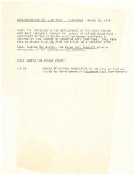 ["The groundbreaking for Lake Park in Claremore took place on March 15, 1974, with funds made available through the Bureau of Outdoor Recreation. Senator Dewey Bartlett thanked various individuals for their efforts in organizing the event, including Tom Kennan, John Fleeger, and Verna Vierheller. The project includes playground equipment, restrooms, hiking trails, and a fishing dock, with plans for future development such as an arena for events and group shelters. The project is funded by Claremore city sales tax and the Bureau of Outdoor Recreation."]
